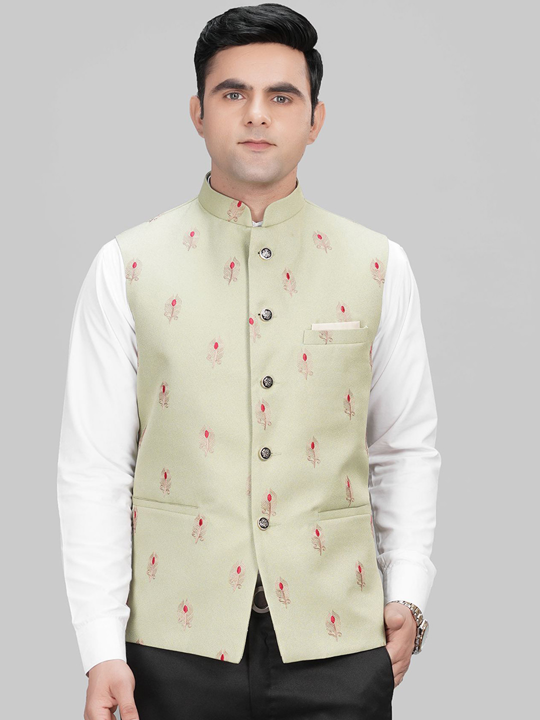 

LA'SCOOT Floral Printed Stand Collar Nehru Jacket, Green