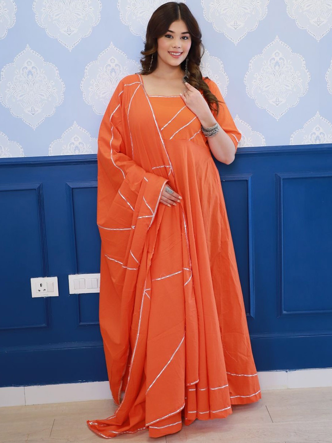 

Swadeshi Shringaar Solid Anarkali Ethnic Maxi Dress with Dupatta, Orange