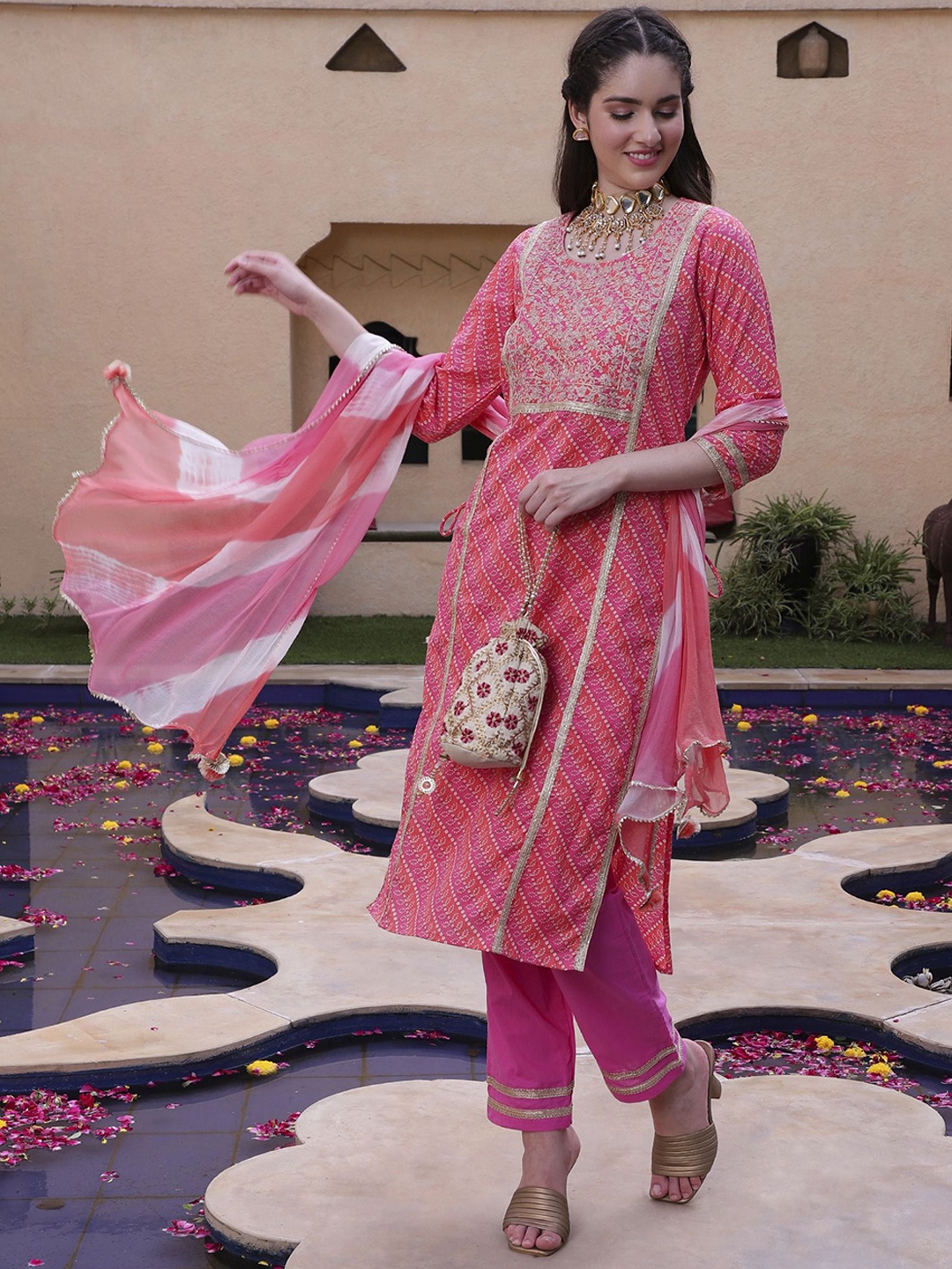 

BANDIA Bandhani Printed Sequinned Straight Kurta With Trouser & Dupatta, Pink