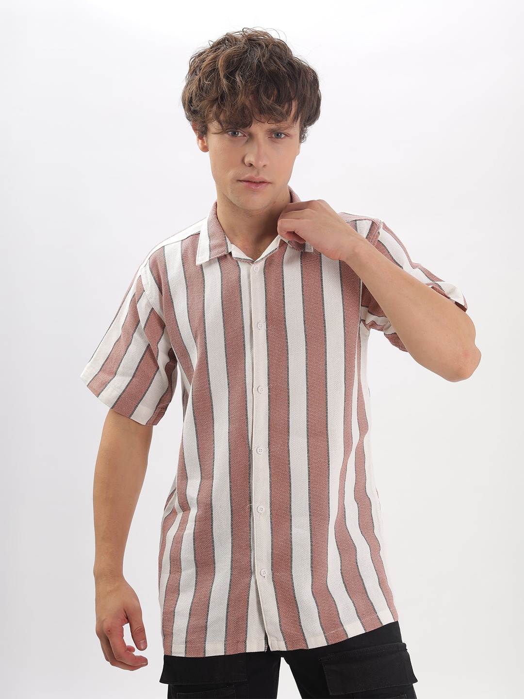 

London Hills Men Standard Cuban Collar Multi Striped Cotton Casual Shirt, Pink