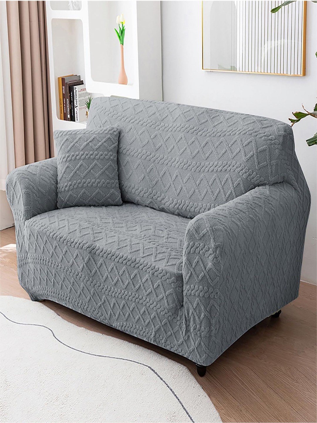 

HOUSE OF QUIRK Charcoal Self Design Double Seater Jacquard Sofa Cover With Arms