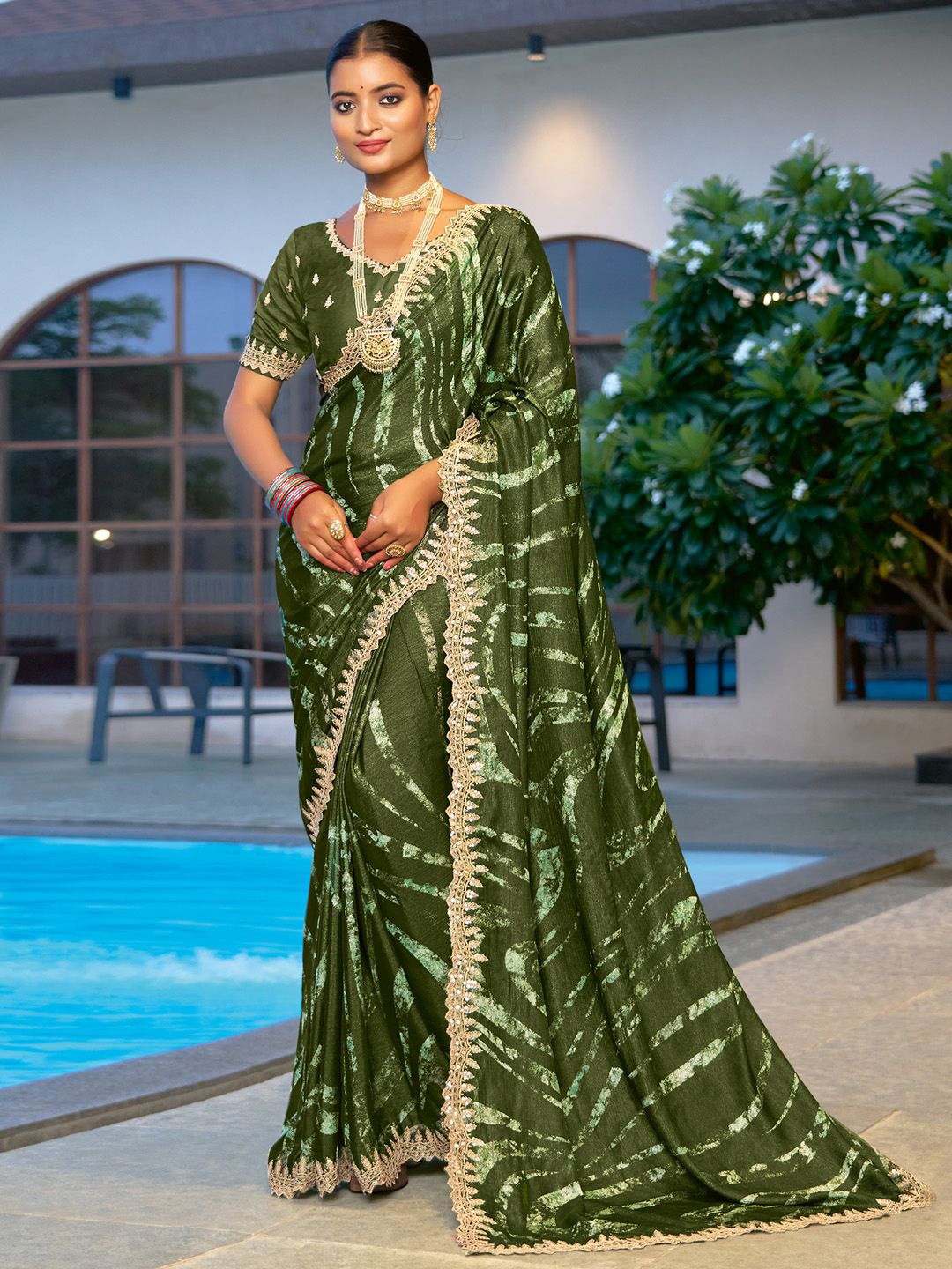 

Saree mall Sequinned Poly Chiffon Sarees, Olive