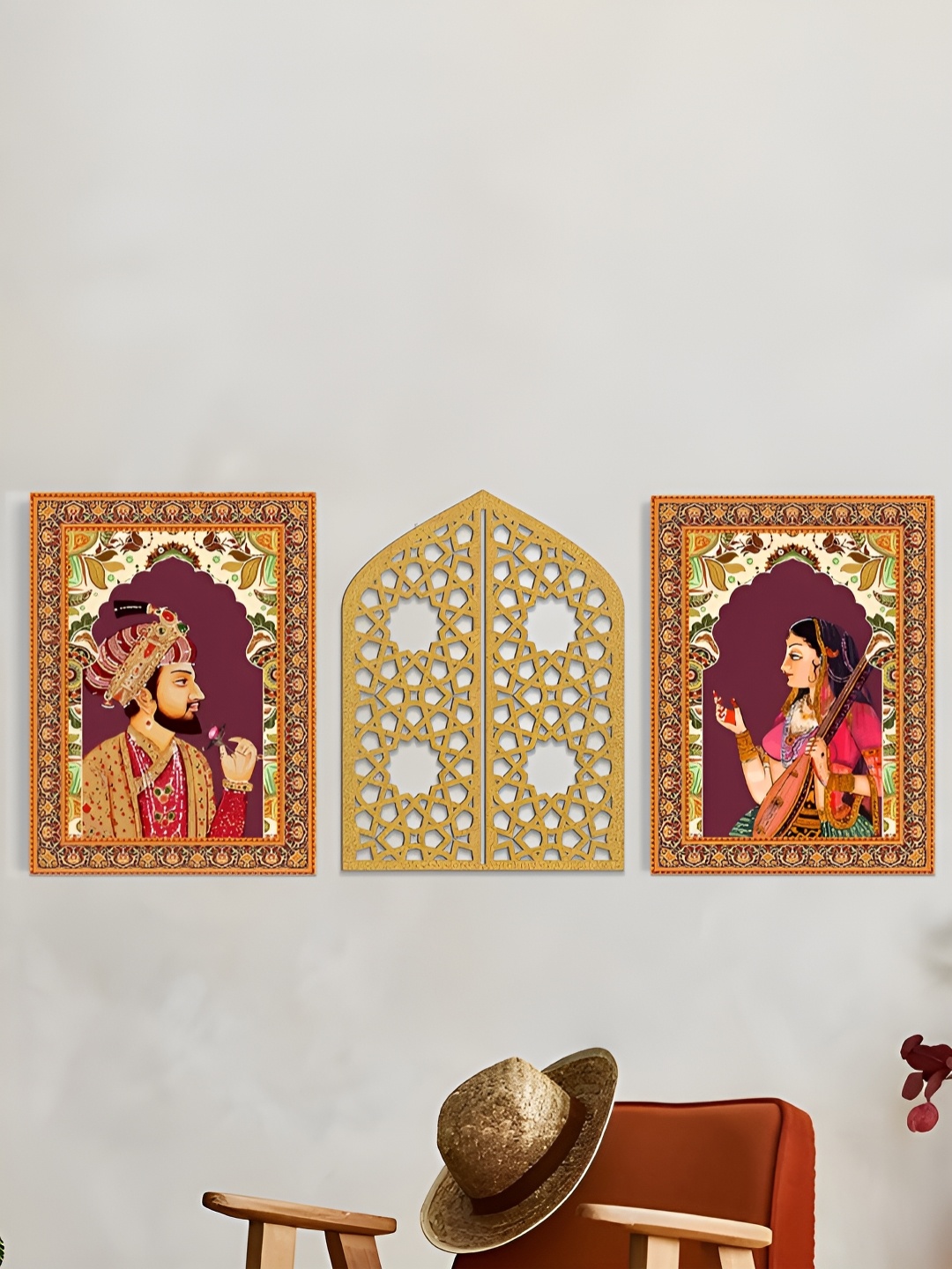 

Art Street Set of 3 Shah Jahan Mumtaz Canvas Painting with MDF Jali, Gold