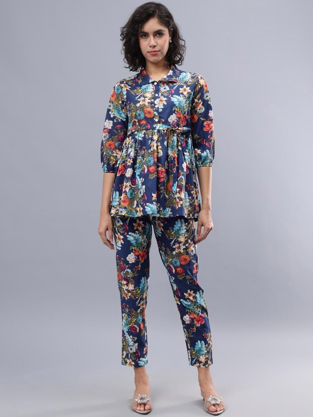 

CORDSET Floral Printed Pure Cotton Tunic & Trousers, Blue