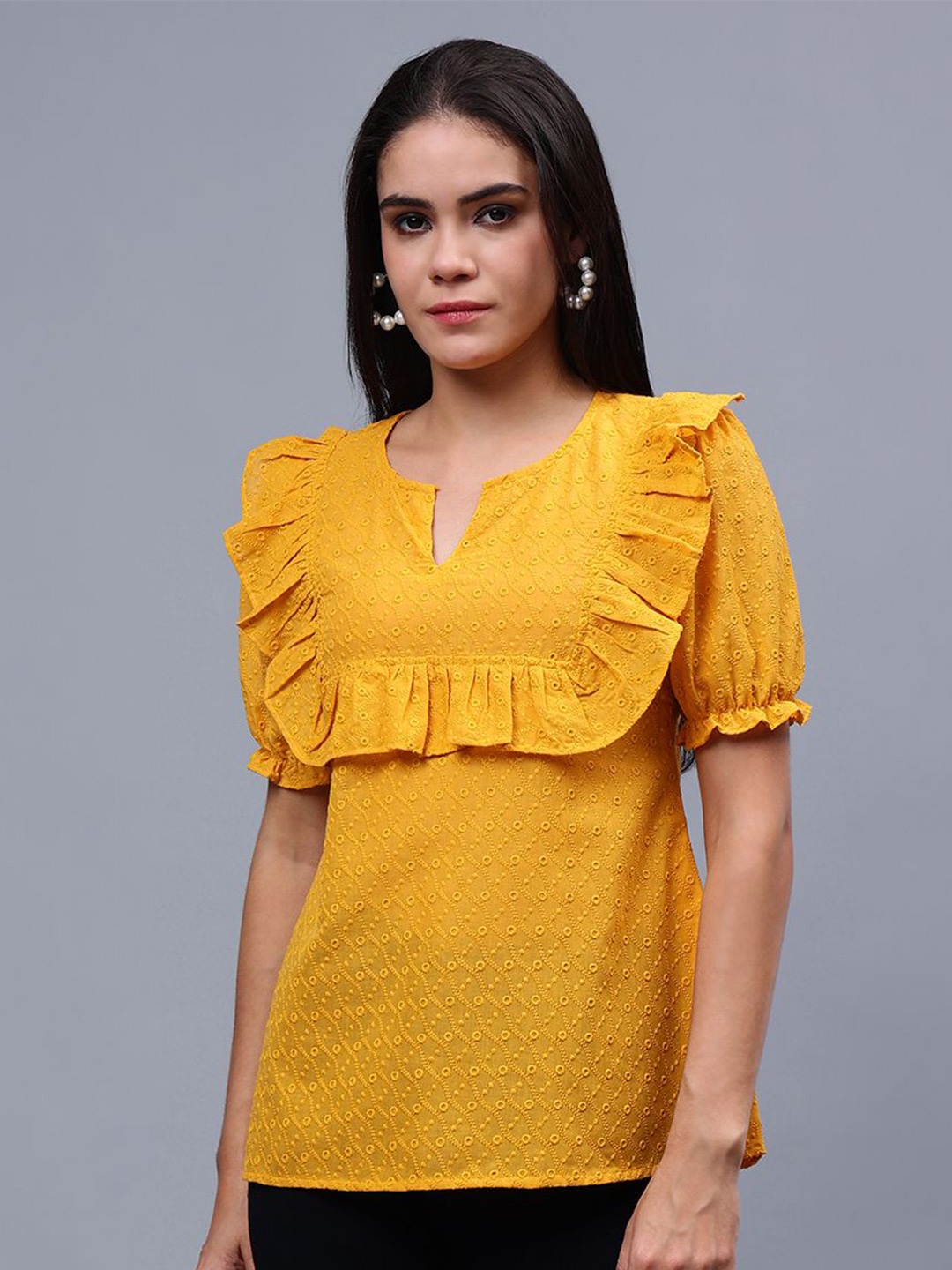 

Frolic Rolic Embroidered Cotton Top, Mustard