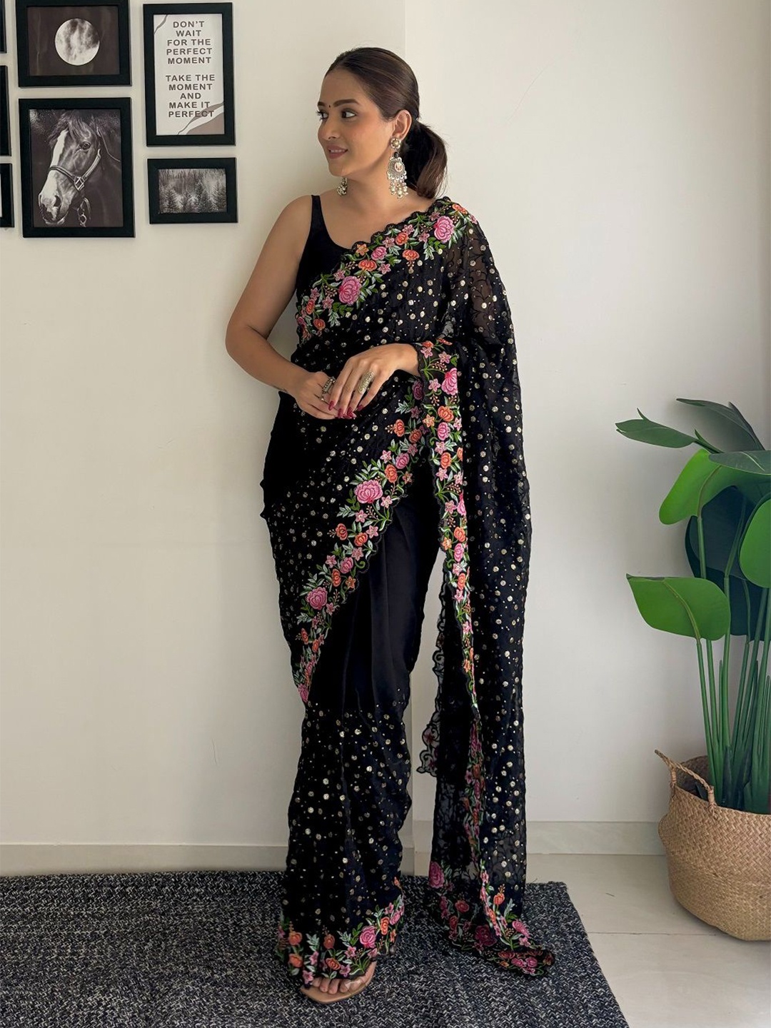 

SGF11 Floral Embroidered Pure Georgette Saree, Black