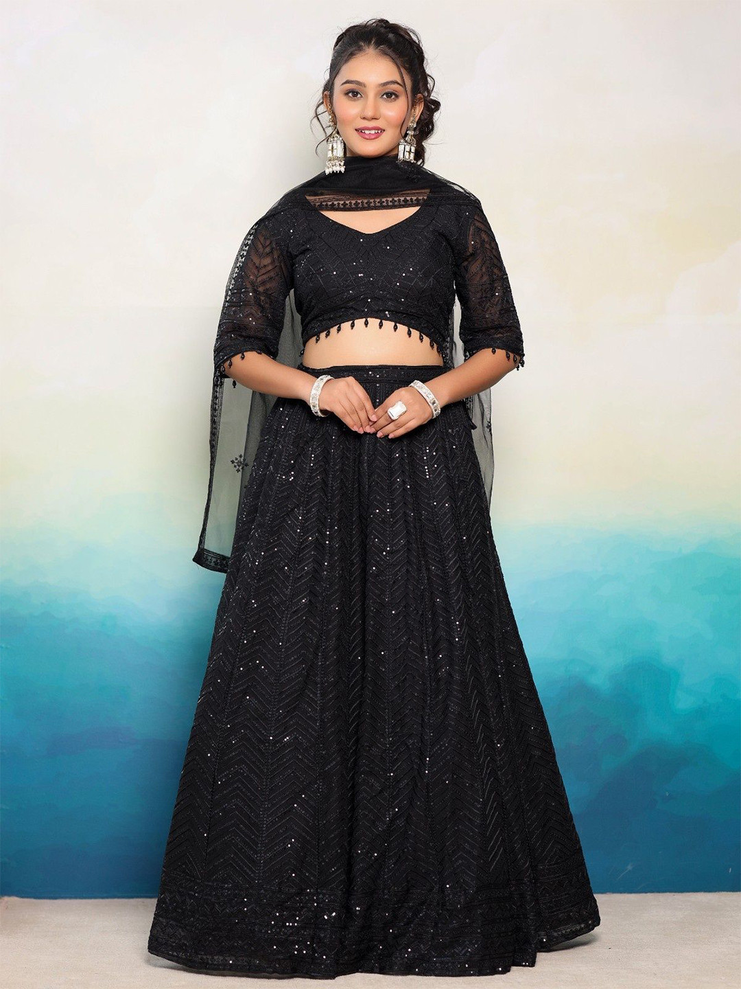 

Futra Gabha Embellished Thread Work Ready to Wear Lehenga & Blouse With Dupatta, Black