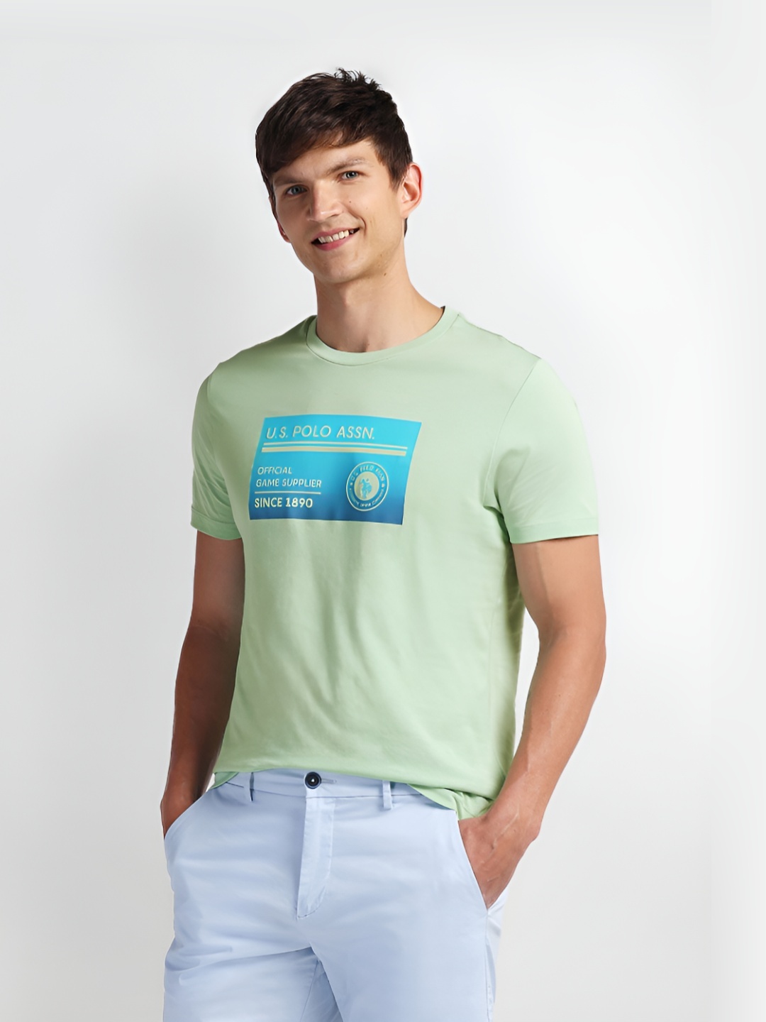 

U.S. Polo Assn. Denim Co. Men Graphic Printed Round Neck Cotton Slim Fit T-Shirt, Green