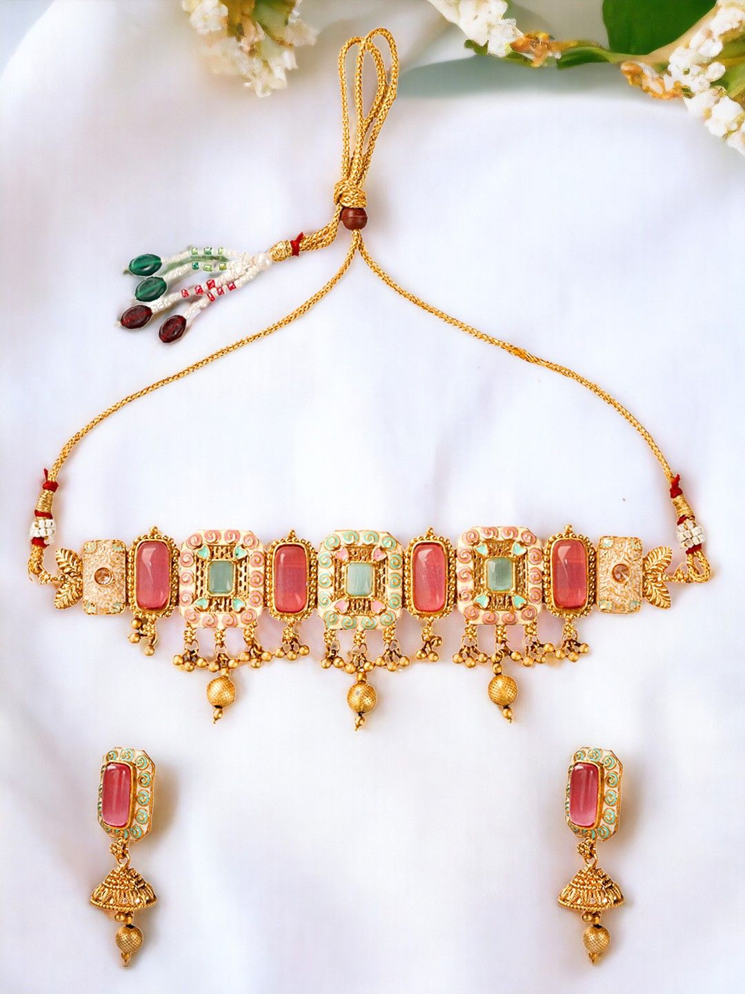 

9blings Gold-Plated Rectangular Stone-Studded & Beaded Jewellery Set