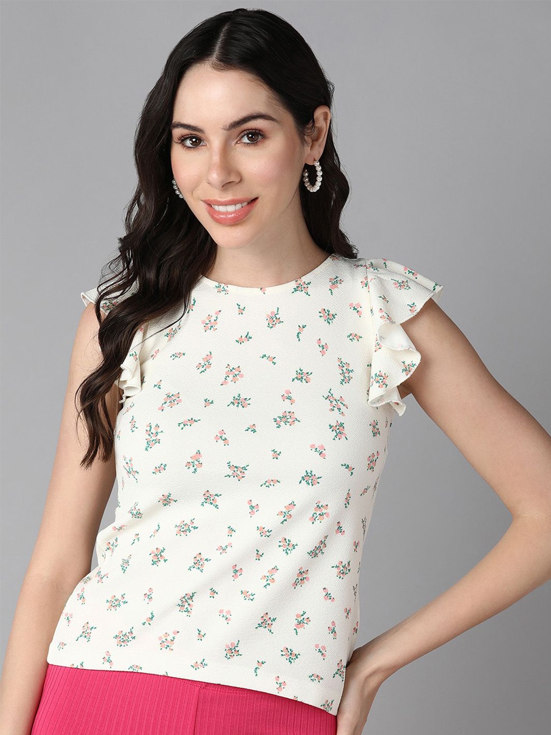 

SAFFE Floral Print Ruffle Sleeve Casual Fitted Top, White