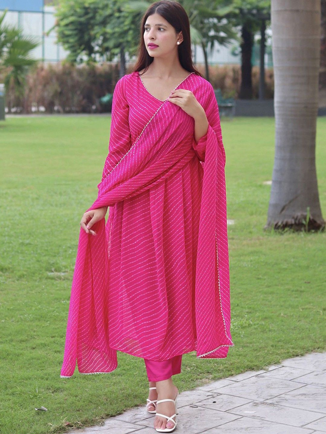 

GoSriKi Leheriya Printed Anarkali Kurta With Trousers & Dupatta, Pink