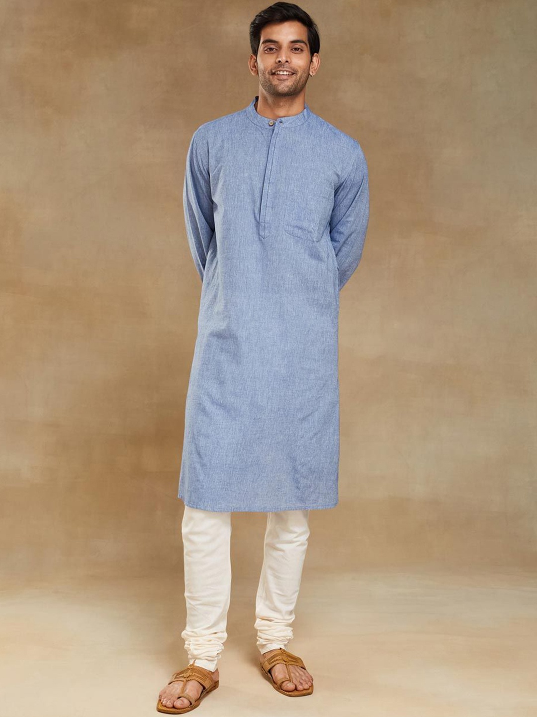 

Fabindia Comfort Fit Band Collar Cotton Straight Kurta, Blue