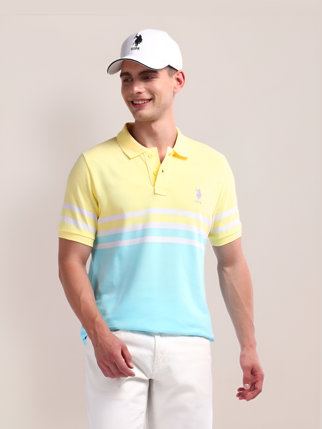 

U.S. Polo Assn. Men Colourblocked Polo Collar Cotton Slim Fit T-Shirt, Yellow