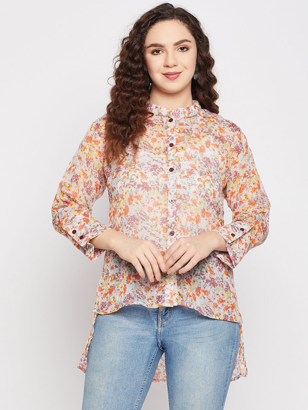 

Murcia Floral Print Mandarin Collar Chiffon Top, Multi