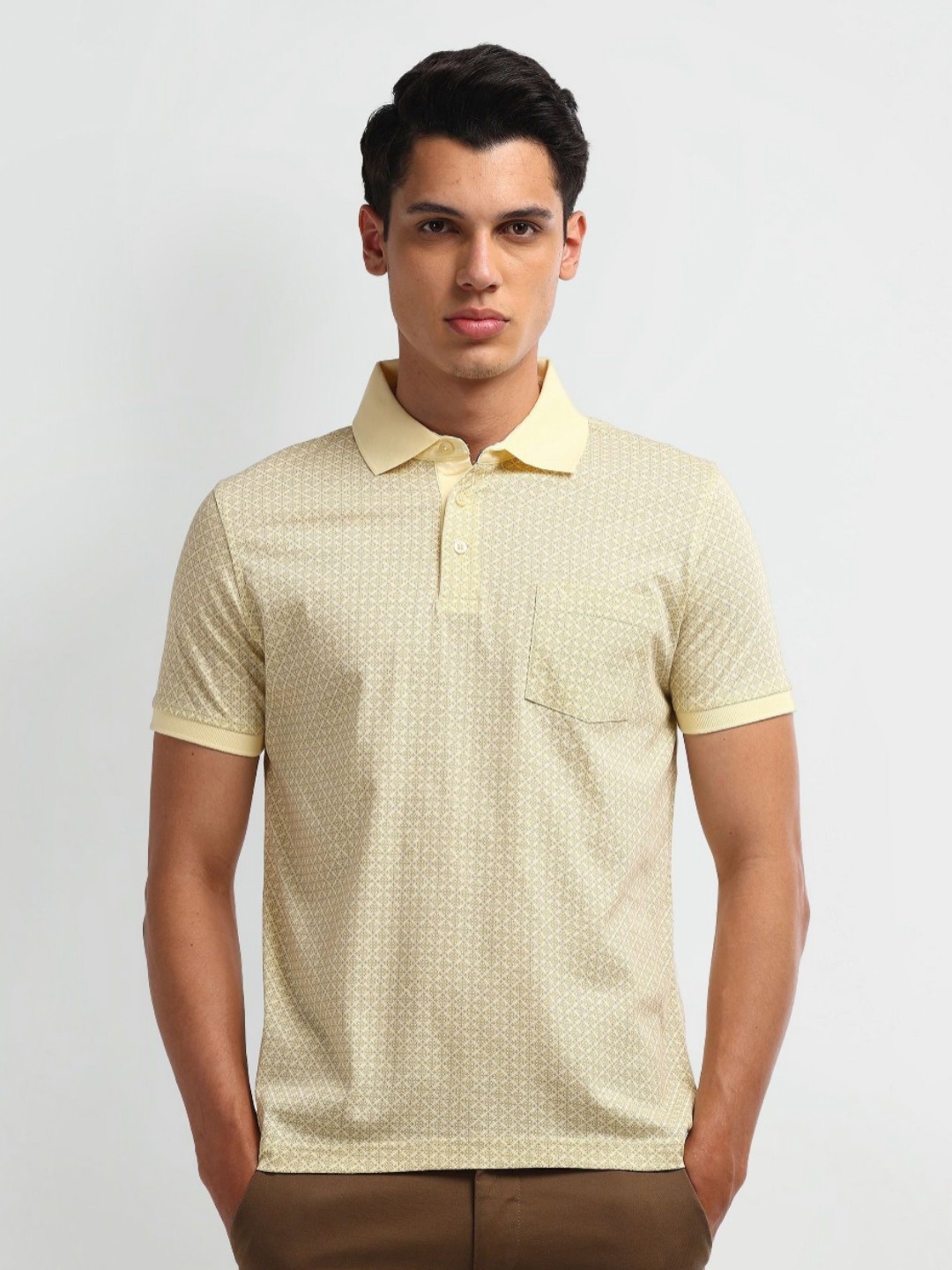 

Arrow Men Geometric Printed Polo Collar Cotton T-Shirt, Yellow