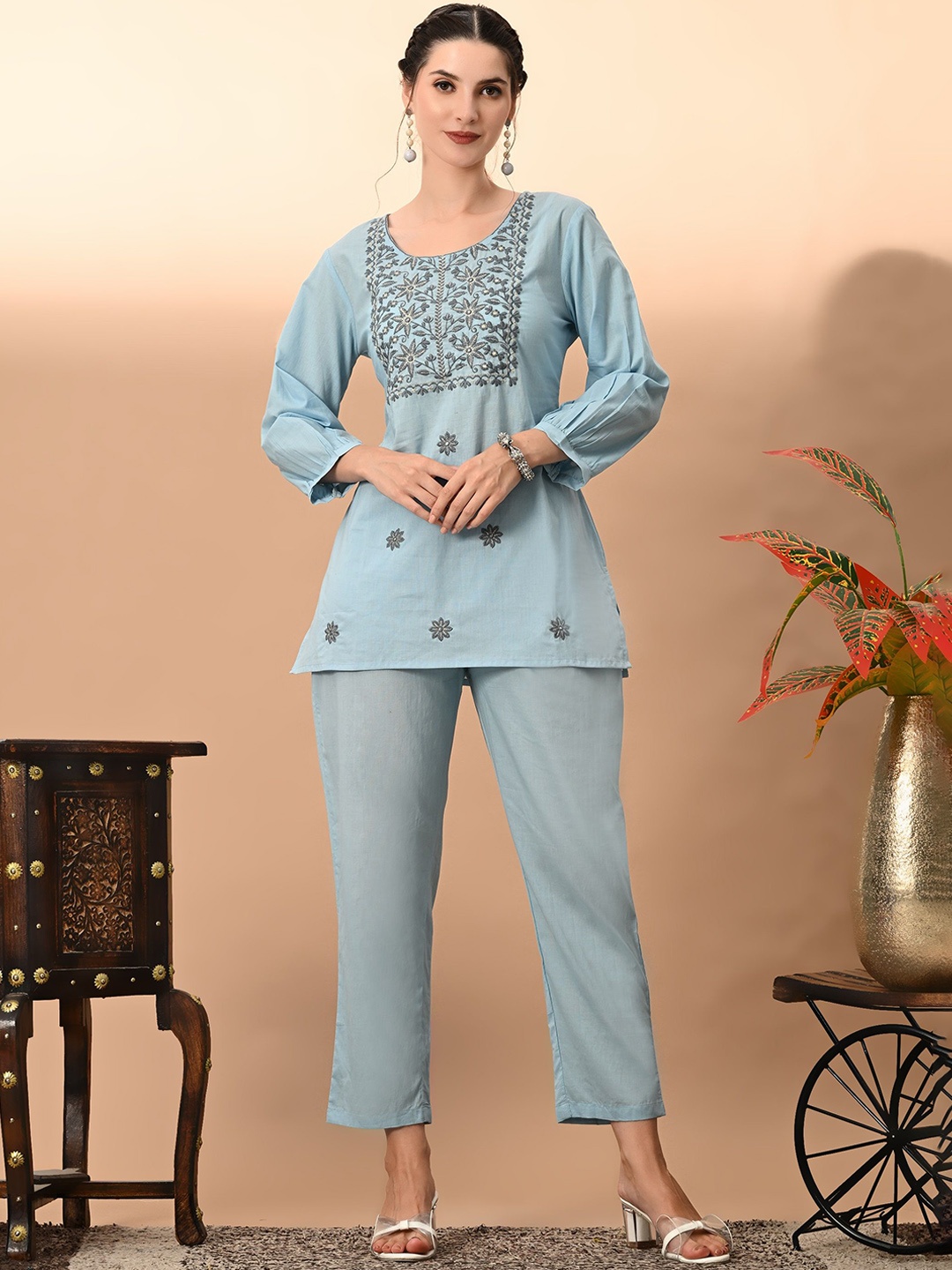 

DHROOV TARA Embroidered Pure Cotton Top With Trousers Co-Ords, Blue