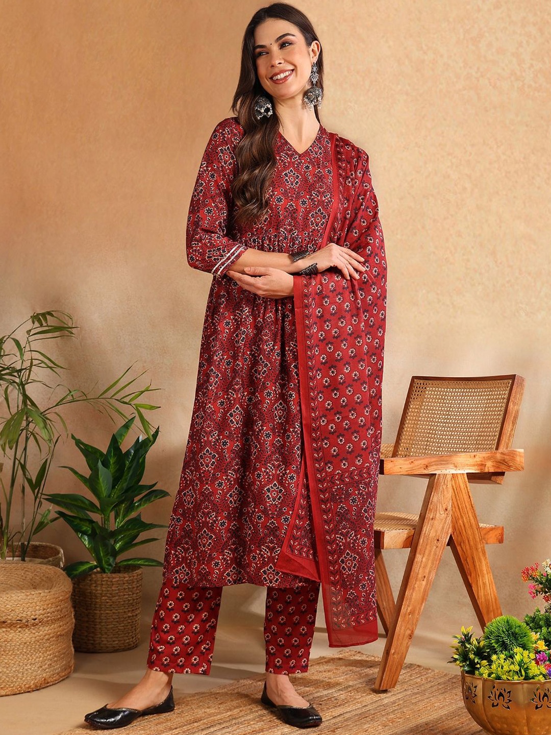 

KALINI Floral Printed V-Neck Pleated A-Line Kurta With Trousers & Dupatta, Red