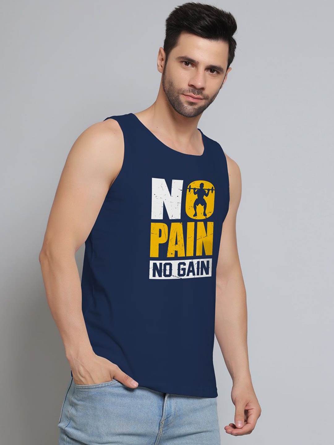 

DAB SHARK Men Printed Sleeveless Innerwear Gym Vests, Navy blue