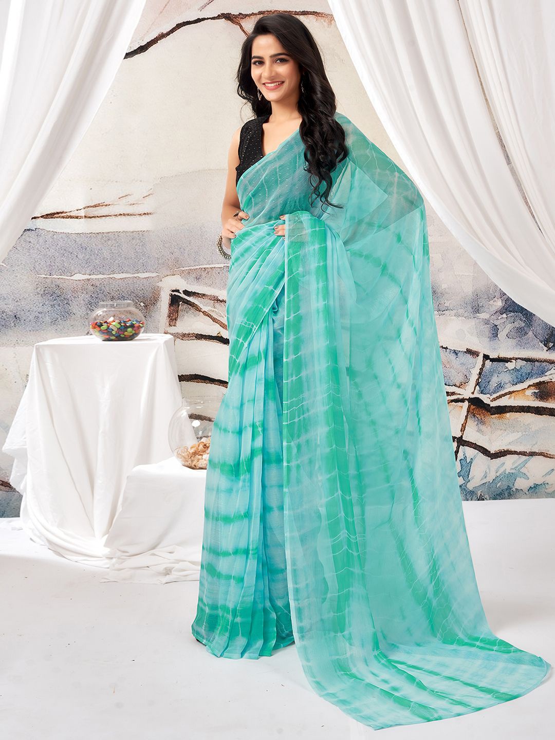 

all about you Tie and Dye Pure Chiffon Ready to Wear Saree, Turquoise blue