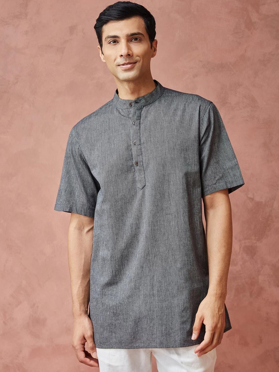 

Fabindia Striped Band Collar Pure Cotton Straight Short Kurta, Black