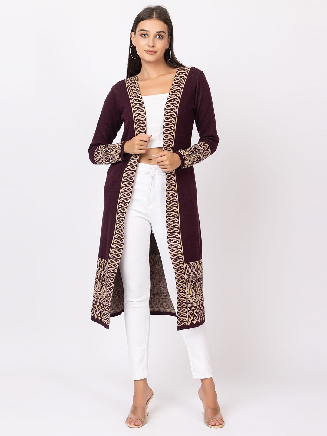 

Anouk Mauve Ethnic Printed Longline Winter Open Front Shrug