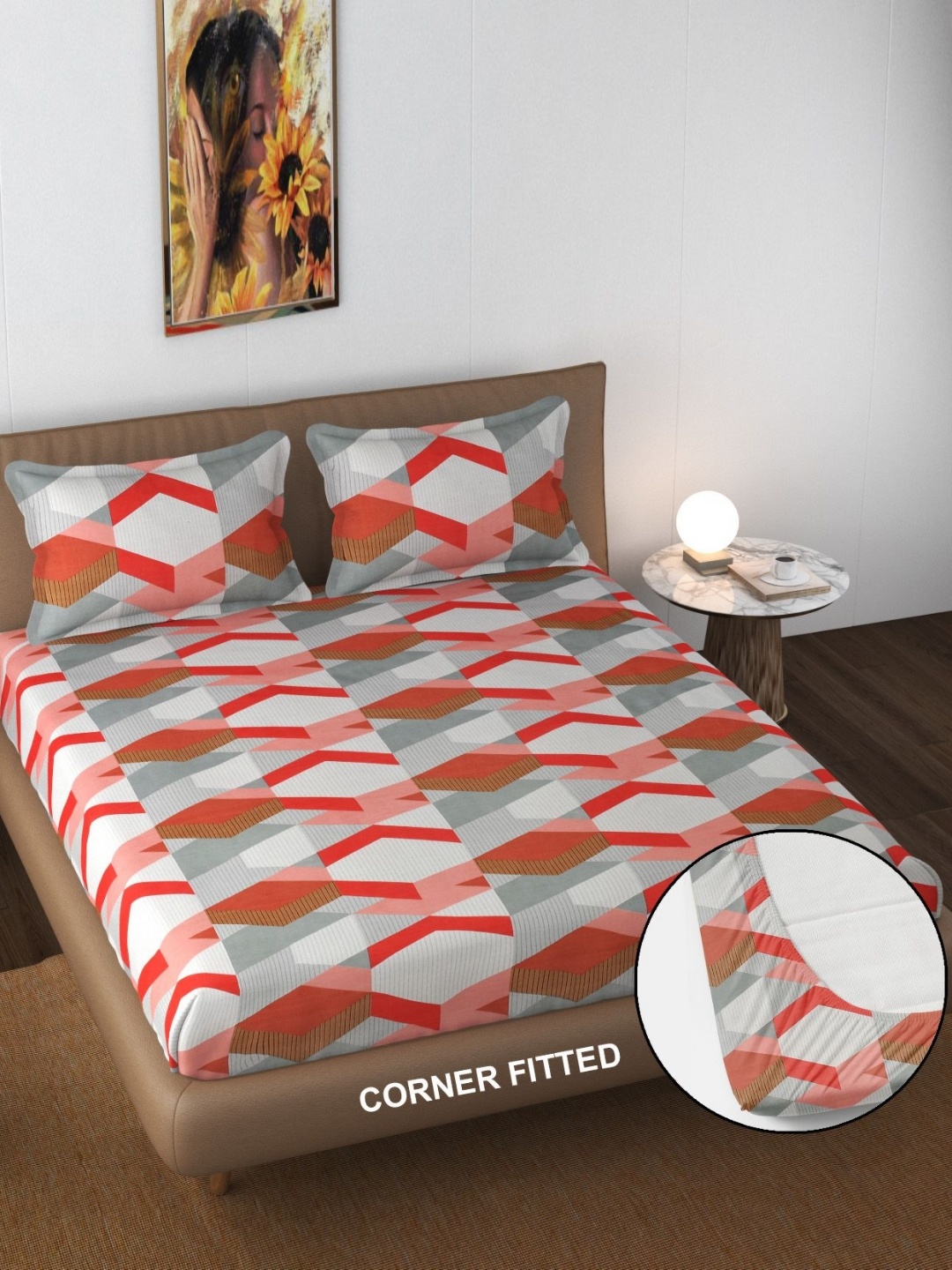 

FINE TEX WORLD Red & Grey Geometric 180 TC King Fitted Bedsheet with 2 Pillow Covers