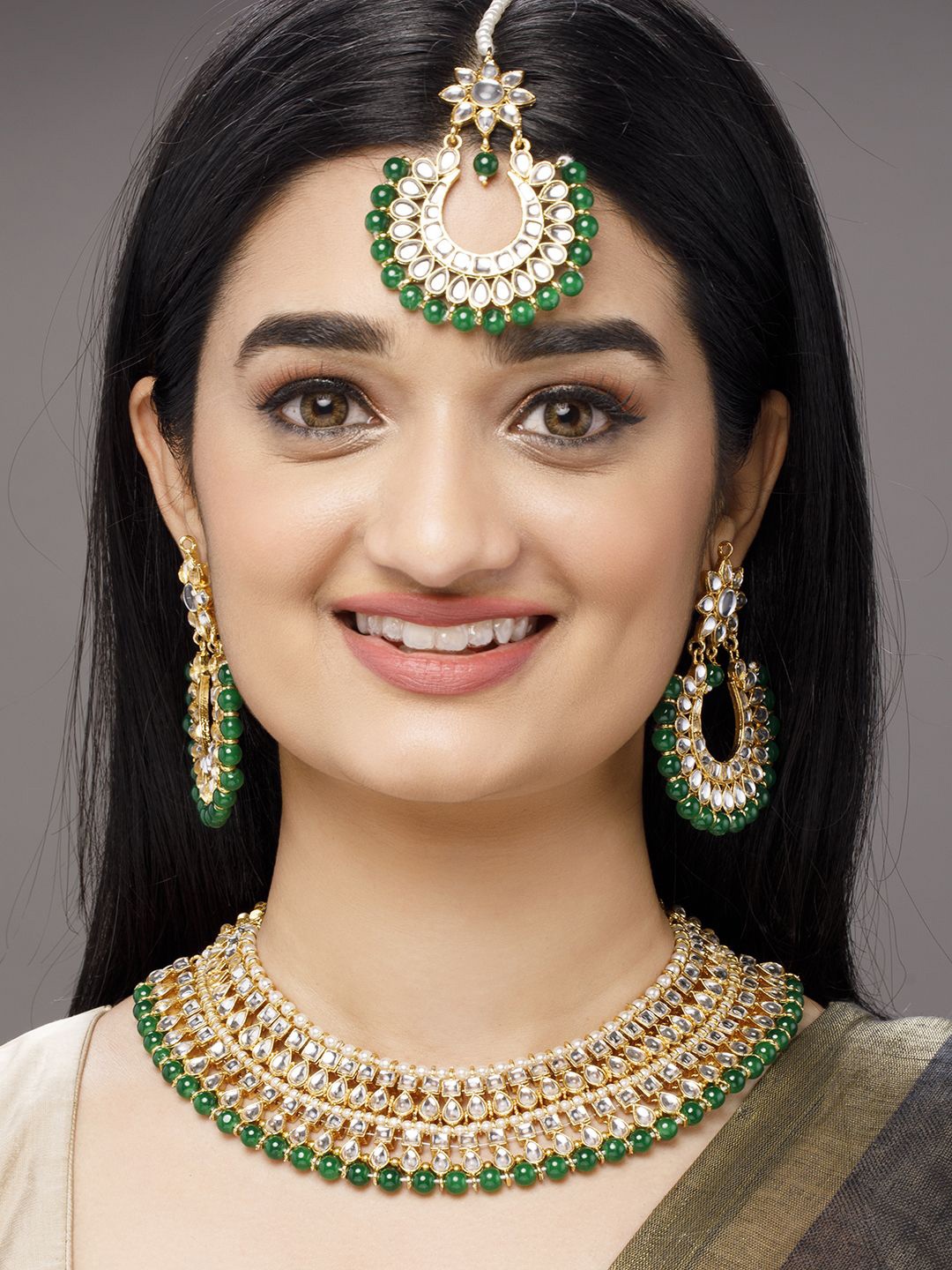 

Rubans 22K Gold-Plated Kundan-Studded Bridal Jewelry Set with White & Green Beads