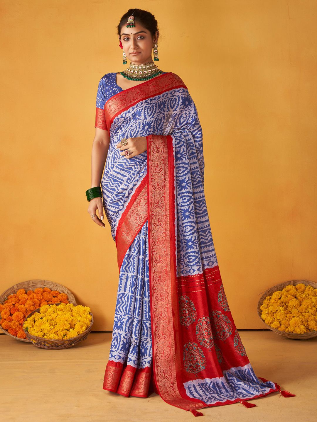 

Saree mall Ethnic Motifs Zari Silk Blend Sungudi Sarees, Blue