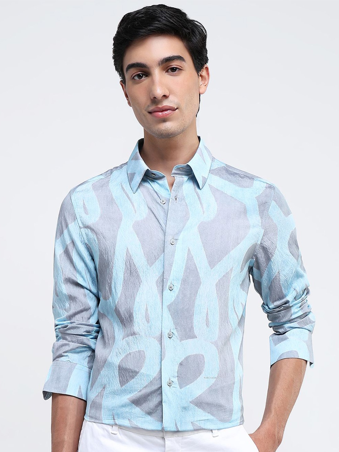 

RARE RABBIT Men Comfort Spread Collar Abstract Printed Cotton Casual Shirt, Blue