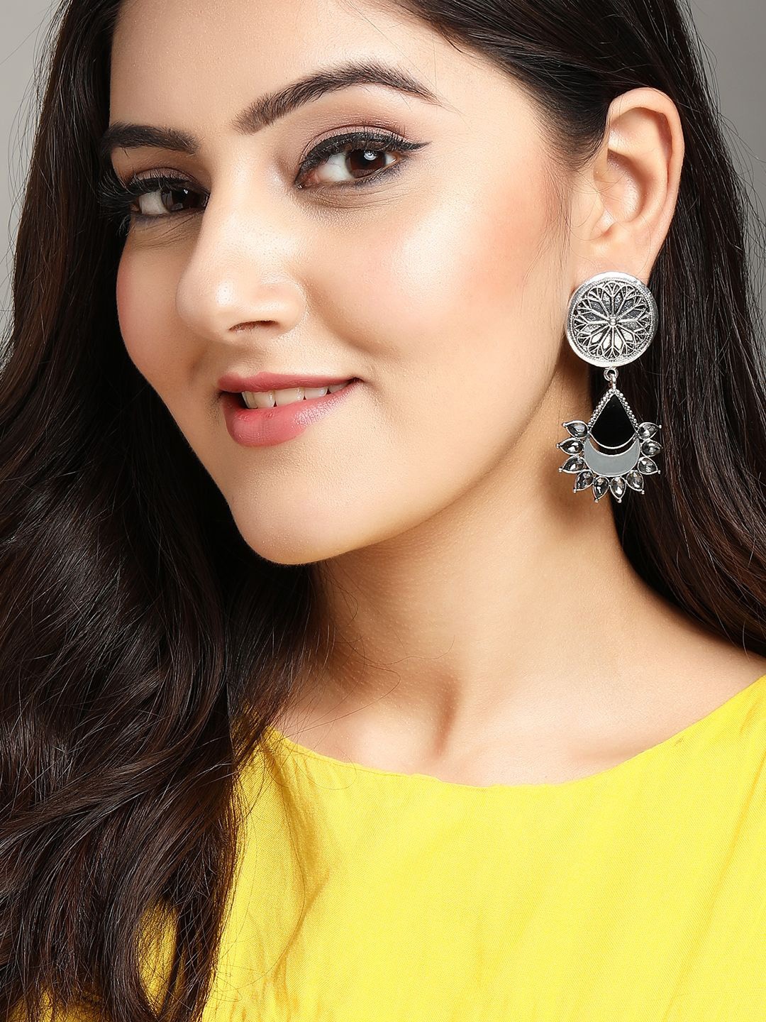 

Rubans Oxidized Silver-Plated Black and Mirror Work Drop Earrings