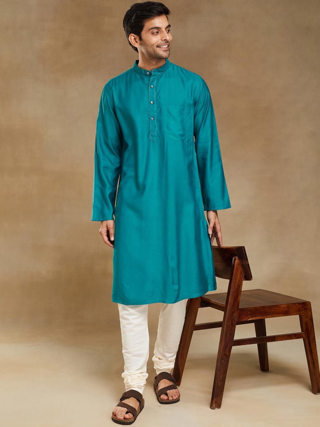 

Fabindia Mandarin Collar Long Sleeves Straight Kurta, Teal