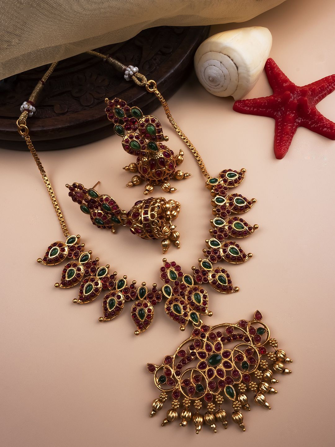 

StileAdda Gold Plated Ruby Stone Studded Mango Patti Jewellery Set