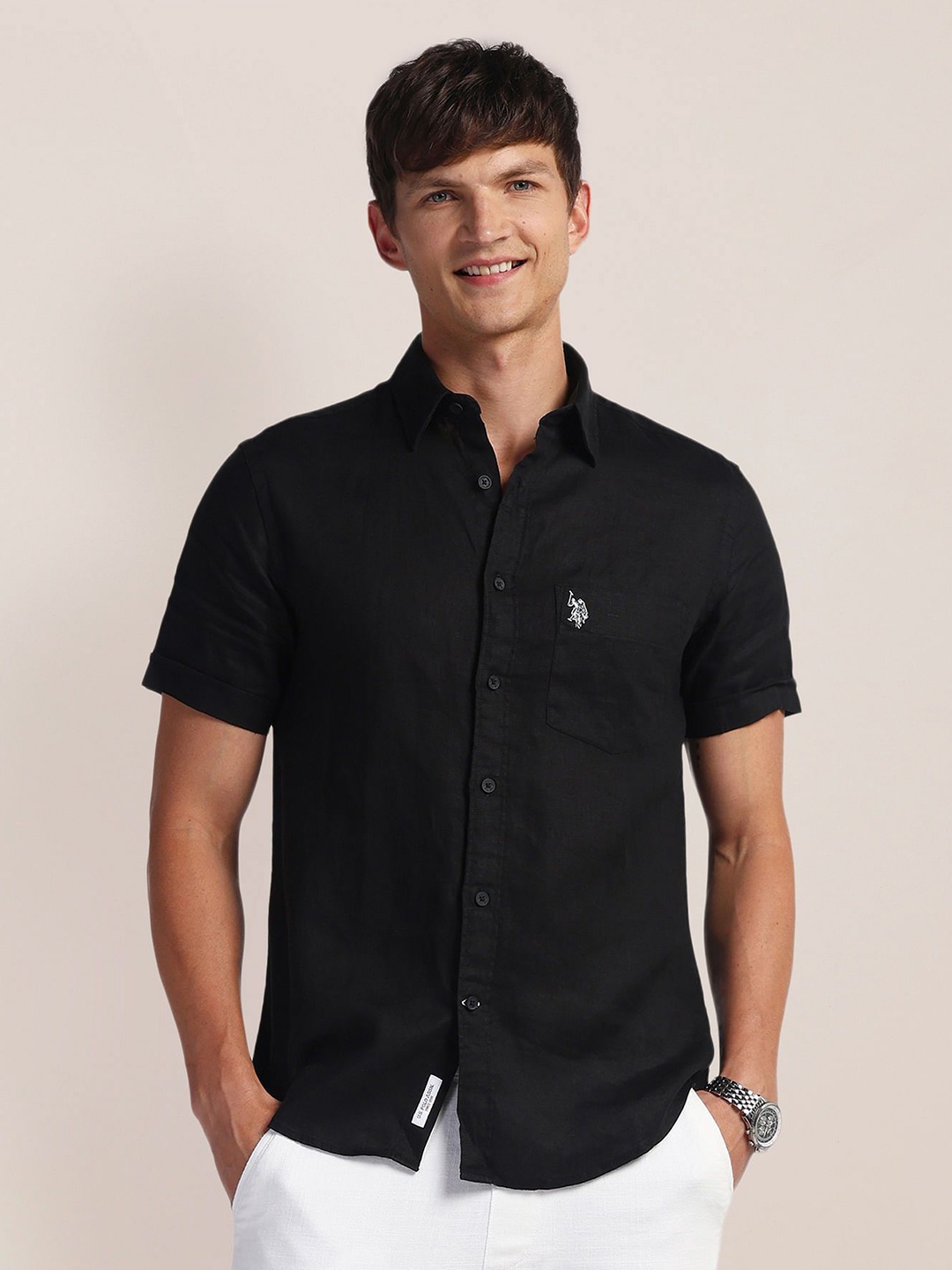 

U.S. Polo Assn. Men Classic Cutaway Collar Solid Linen Casual Shirt, Black