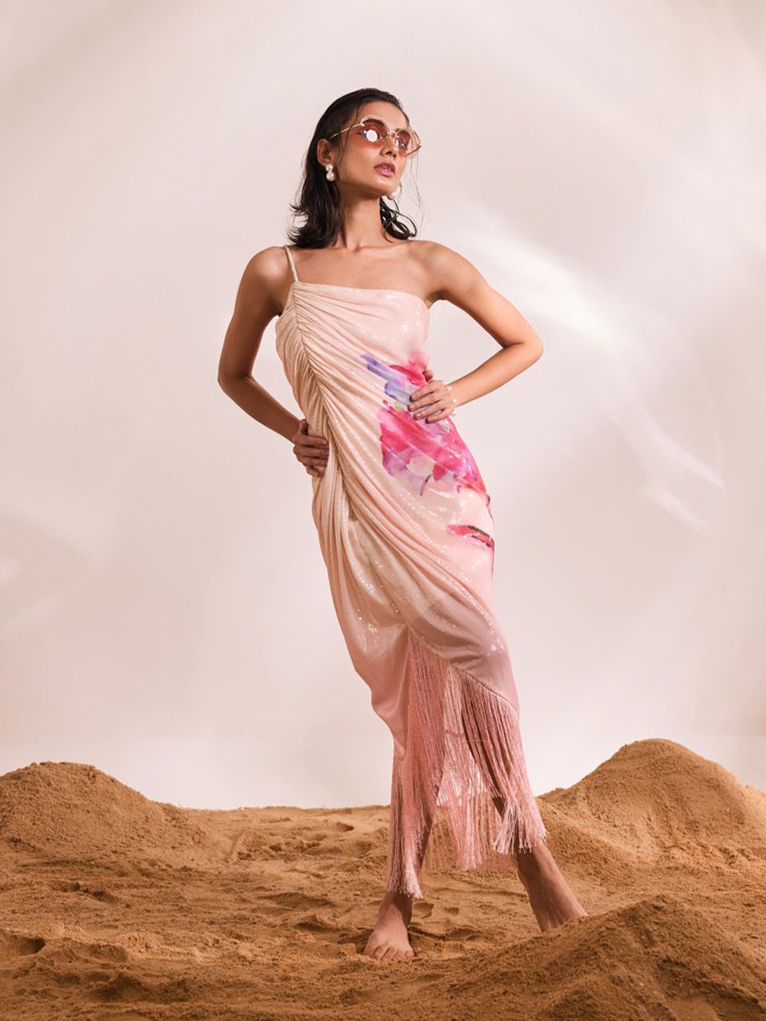 

DIVYA AGGARWAL Floral Printed One Shoulder Georgette Sheath Midi Fringed Dress, Pink