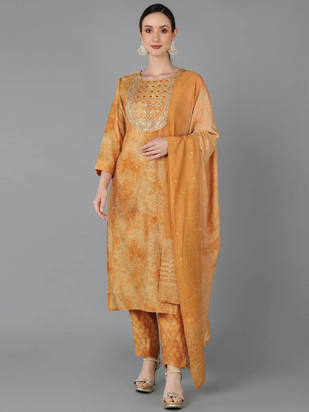 

KALINI Ethnic Motifs Printed Mirror Work Straight Kurta with Trousers & Dupatta, Mustard