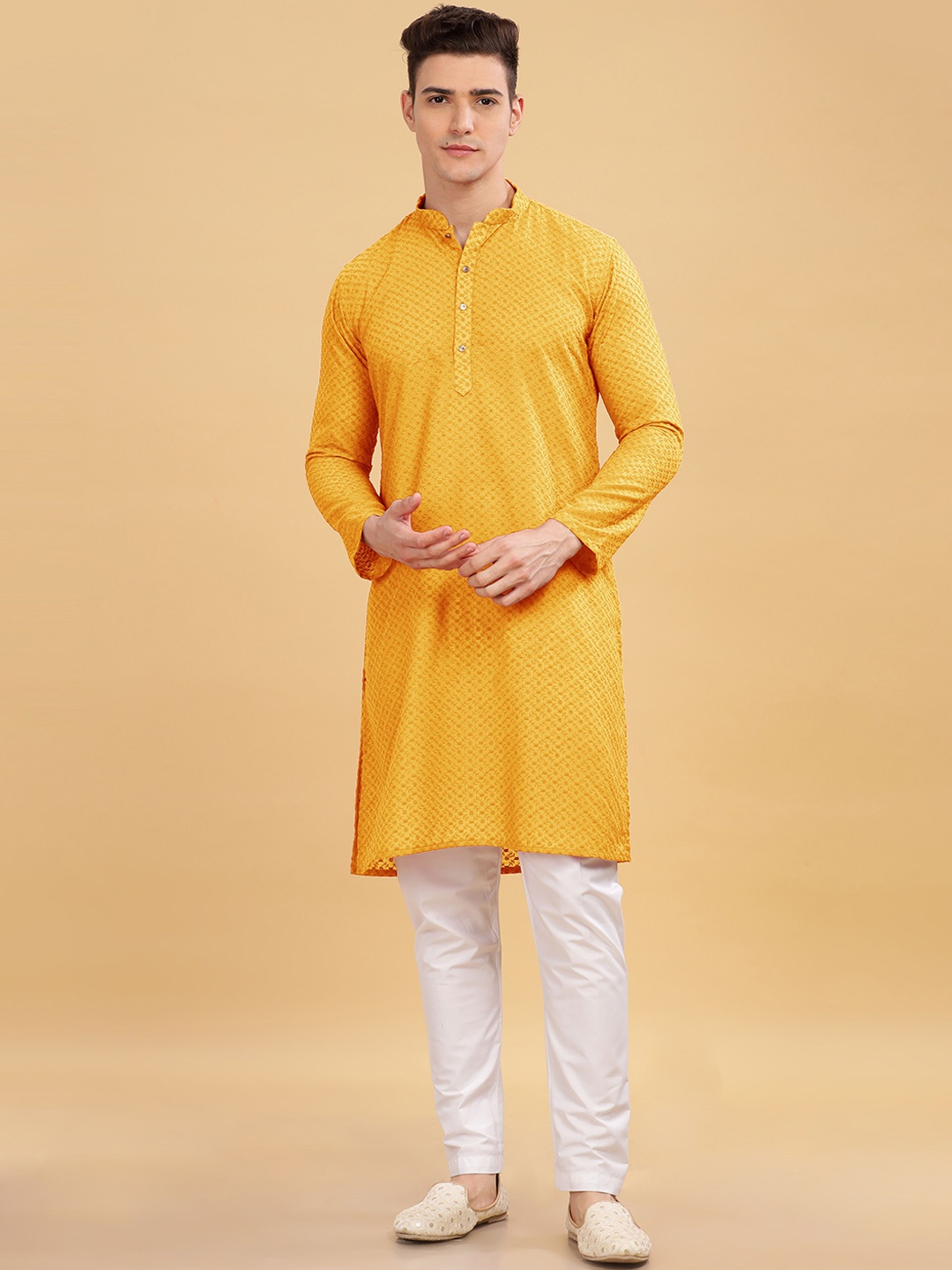 

Anouk Yellow Floral Embroidered Thread Work Mandarin Collar Straight Pure Cotton Kurta