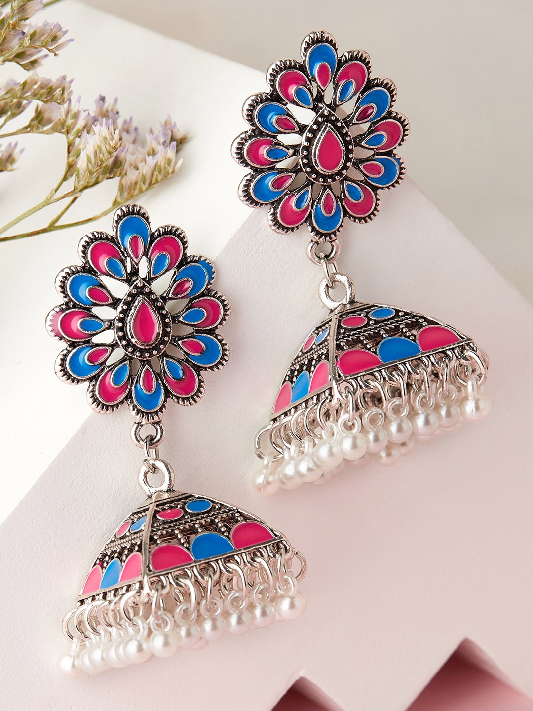 

Rubans Oxidized Silver-Plated Pink and Blue Enamel Floral Jhumka Earrings with Pearl Beads