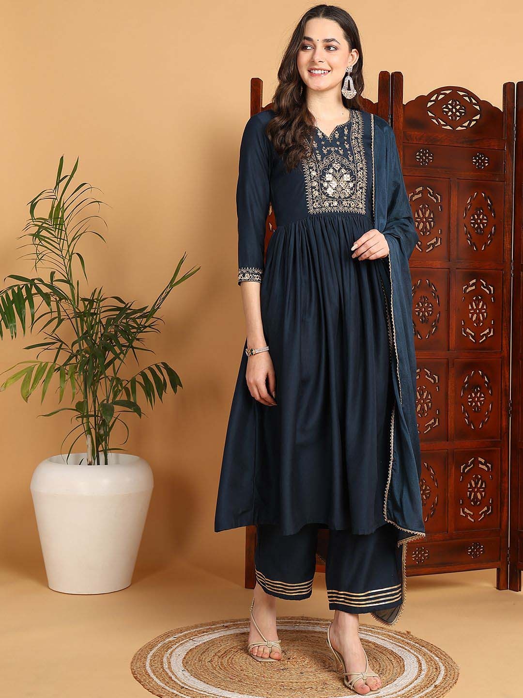 

KALINI Floral Yoke Design Empire Thread Work A-Line Kurta with Trousers & Dupatta, Blue