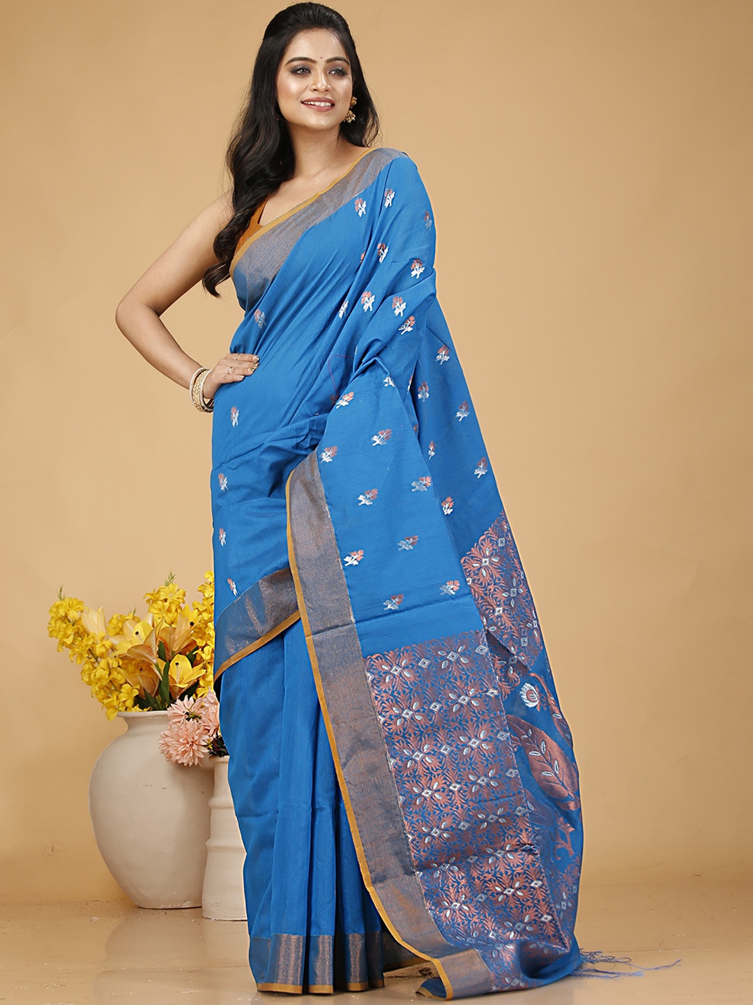 

SLAGHA Woven Design Zari Taant Saree, Turquoise blue