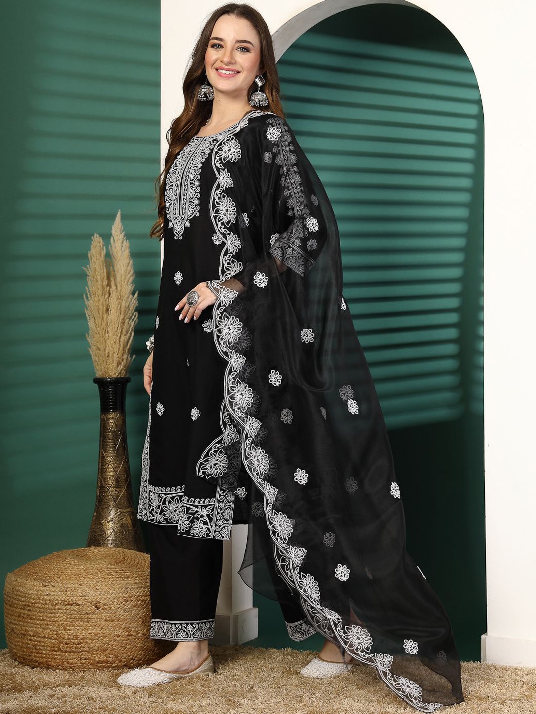 

Ramas Floral Embroidered Sequinned Pure Cotton Straight Kurta & Palazzos With Dupatta, Black