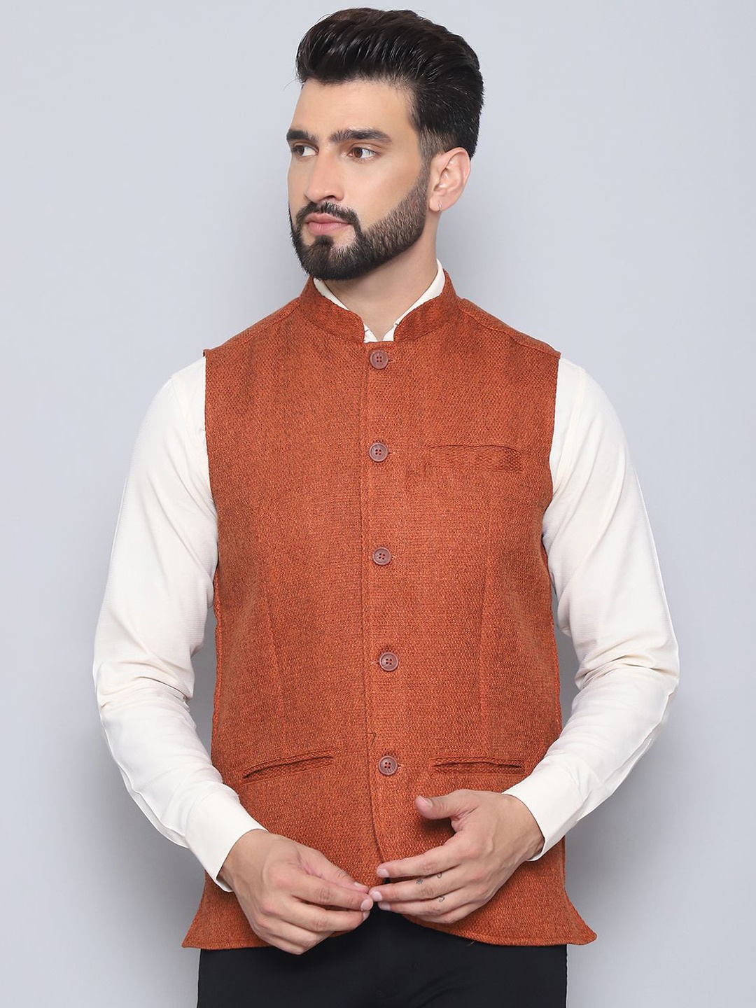 

even Woven Design Nehru Jacket, Rust