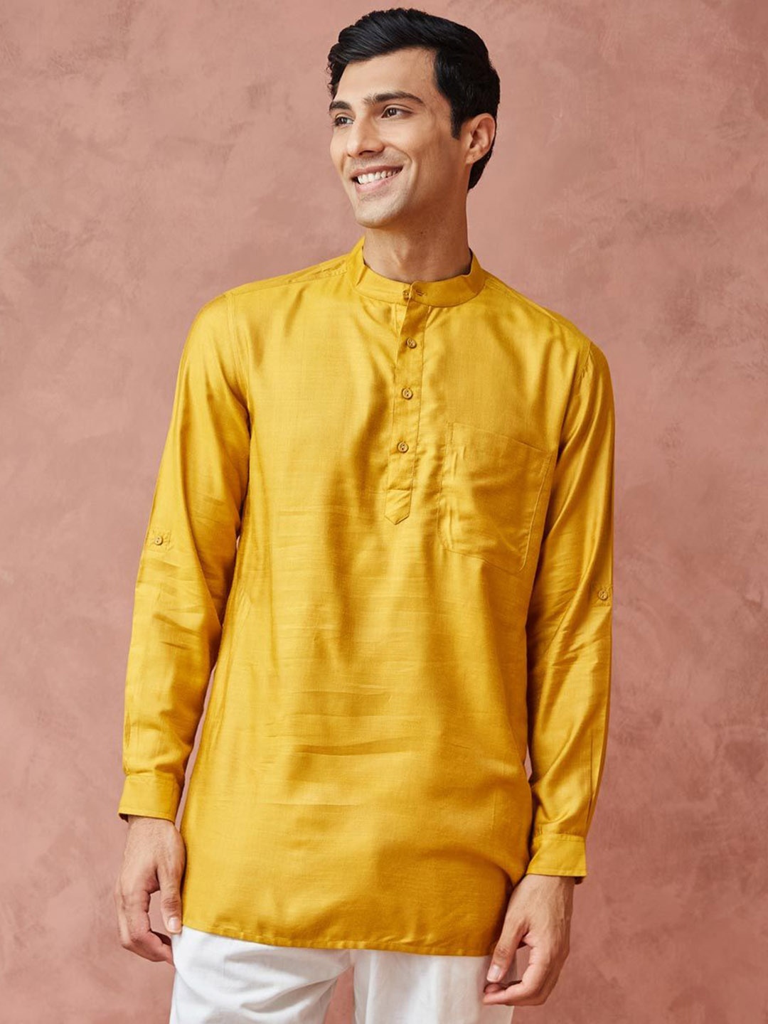 

Fabindia Mandarin Collar Roll-Up Sleeves Straight Short Kurta, Mustard