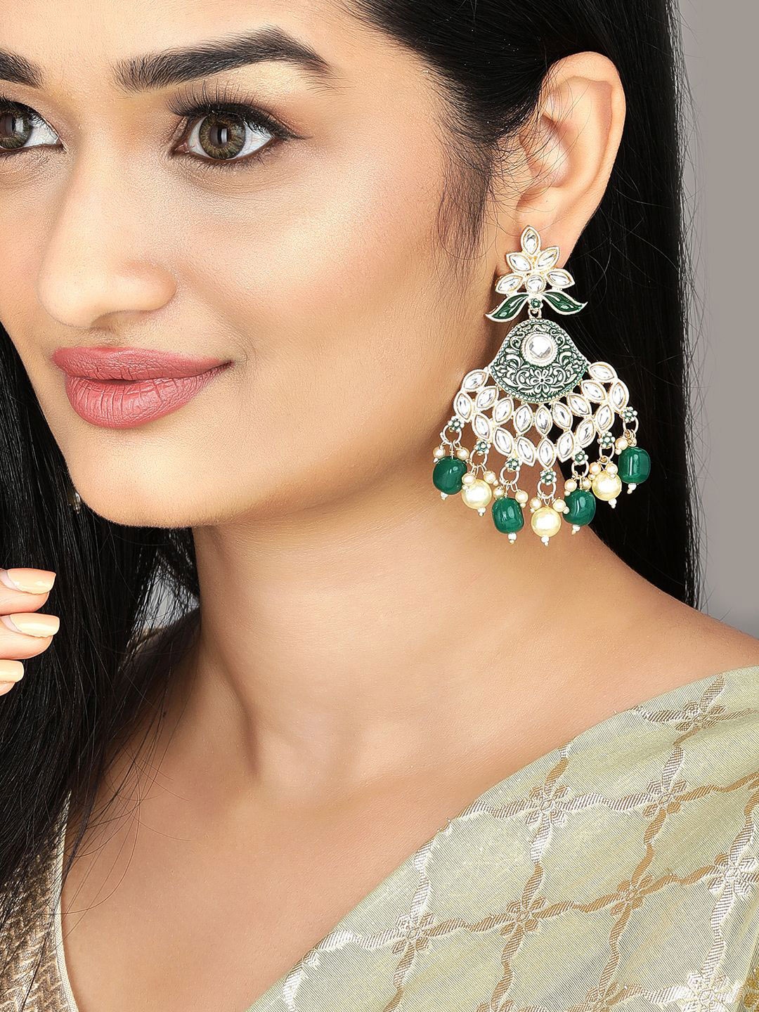 

Rubans 22K Gold-Plated Green & White Pearl Kundan Studded & Beaded Chandelier Earrings