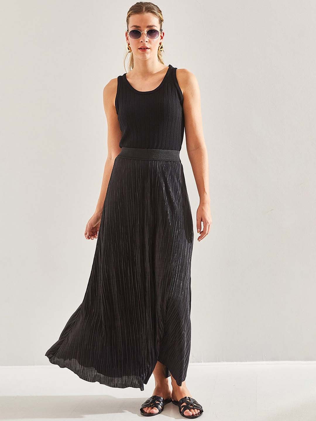 

BIANCO LUCCI Striped Flared Maxi Skirts, Black