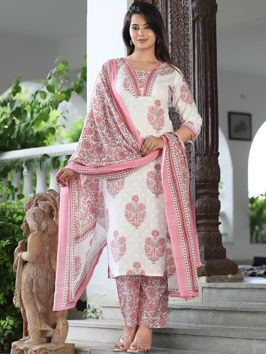 

G4Girl Floral Printed Square Neck Pure Cotton Straight Kurta with Trousers & Dupatta, White