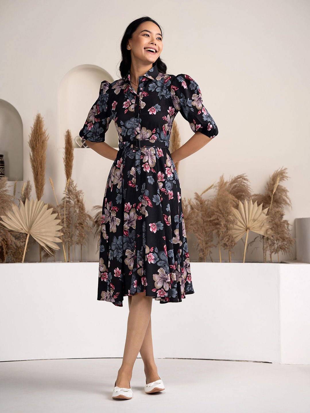 

DressBerry Floral Printed Puff Sleeve Belted Fit & Flare Dress, Black