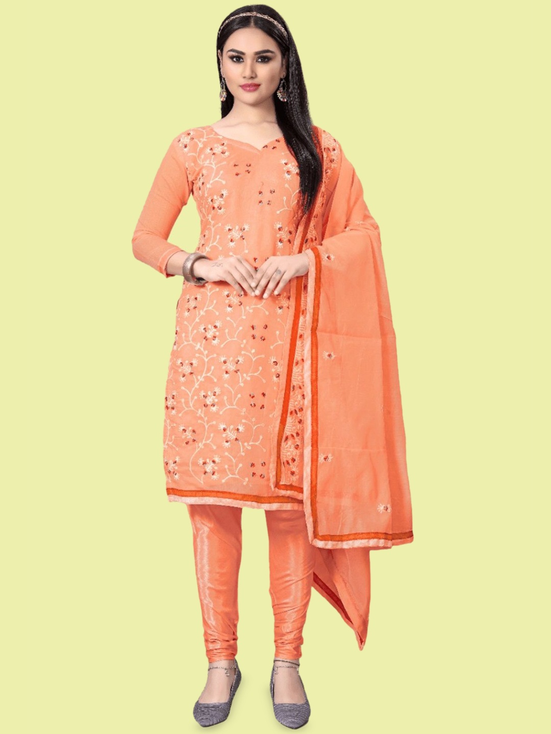 

APNISHA Ethnic Motifs Embroidered Thread Work Unstitched Dress Material, Orange