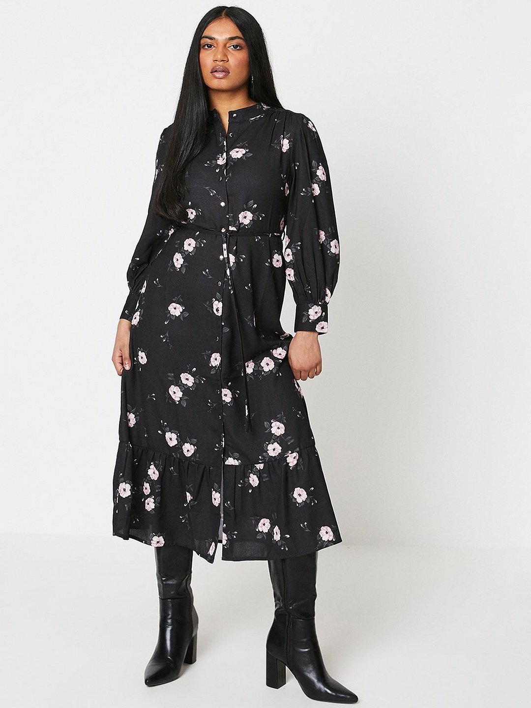 

DOROTHY PERKINS Petite Floral Print Shirt Midi Dress, Black