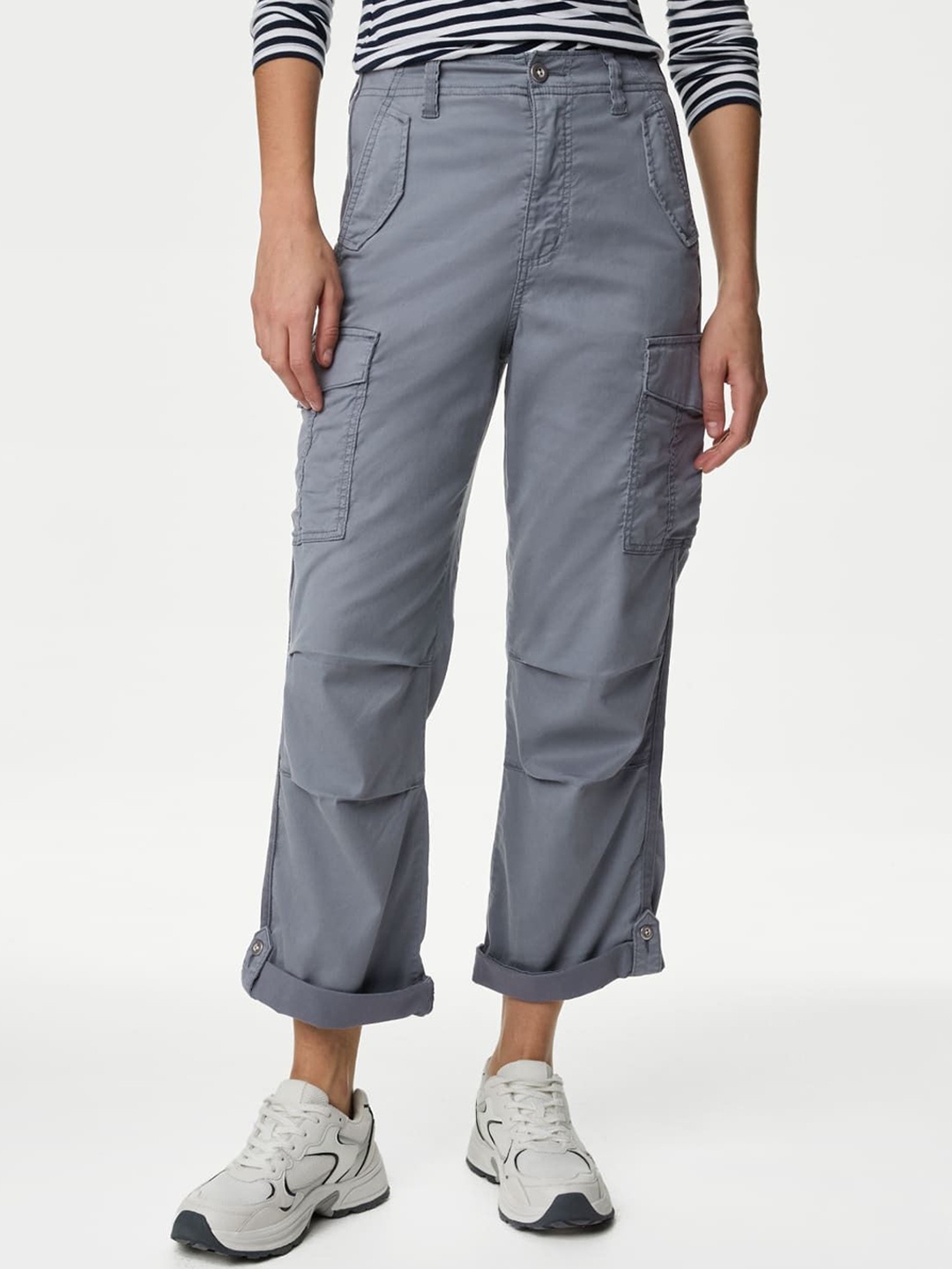 

Marks & Spencer Women Solid High-Rise Cargos Trousers, Grey