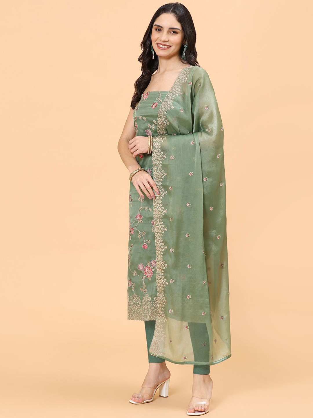

Meena Bazaar Floral Embroidered Art Silk Unstitched Dress Material, Green